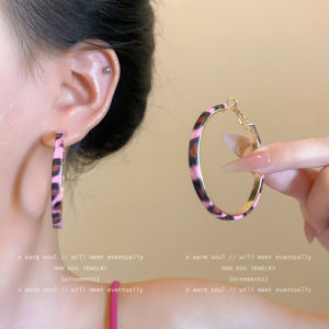 Barbie Pink Leopard Print Large Hoop Earrings Unique Vintage Versatile Ear Jewelry Fresh out Fashion Korean Style Alloy Geometric Pattern