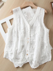 Elegant Thin Embroidered V-Neck Womens Vest Top Outerwear Cotton Summer Fashion Sleeveless Patchwork Design Casual Style
