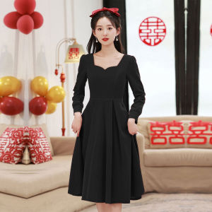 Elegant Red Wedding Dress for Women mid Waist a Line Skirt Long Sleeve Zipper Back Simple Style Party Evening Gown