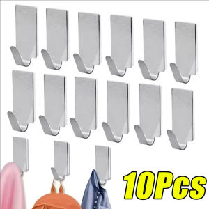 10 ชิ้น ตะขอสแตนเลสแบบมีกาวในตัว / ตะขอติดผนังแบบใช้งานหนัก / ที่แขวนเก็บของแบบกันน้ำและกันสนิมสำหรับห้องน้ำ ห้องครัว บ้าน และสำนักงาน