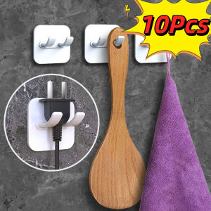 10Pcs Waterproof Self-Adhesive Hooks - No Drilling Double Hooks for Kitchen Bathroom Multipurpose Wall Hooks - for Towels Utensils Keys