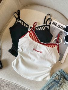 GUZILIAN | Womens Lace Plaid Camisole Tank Top Slim Fit Inner Wear Summer New Style White With Chest Pad Two-Piece Set Underwear