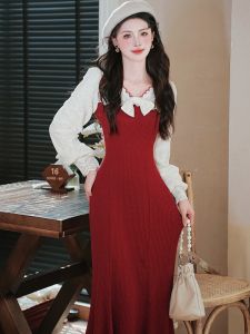 French Style Lace Bows Dress Fall and Winter Fancy Temperament Red Knitting Silm Fishtail Dress Dress for Women
