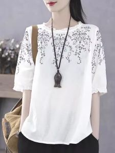 Retro Floral Summer Thin Short Sleeve Womens T-shirt Lantern Sleeve Fashionable Top Lightweight Breathable Casual Tee