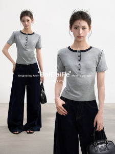 BAIDAIFEI | Gray Faux Two-Piece Henry Neck Short Sleeve T-Shirt Summer Slim Fit Short Shirt