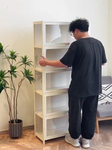 5 Layers Cream Display Cabinet Acrylic Bamboo Three Sided Transparency for living room display