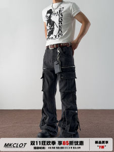 American Style Cleanfi Washed Black Jeans Mens Micro Flared Straight Multi Pocket Workwear Vibe Trousers Youth Fashion