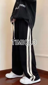 TIMIQLO Mens Handsome Design Black Loose Pants Korean Style Casual pants