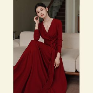 Elegant Red Belted Dress Formal Occasion Soft Gentle French Style Long Skirt Autumn Season High Waist A-Line Silhouette V-Neck