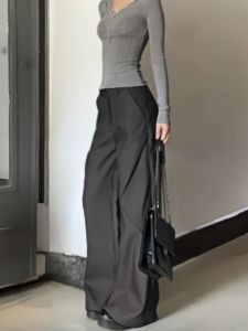Extended High Waist Wide Leg Suit Pants Women Loose Fit Long Flared Trousers Asymmetric Korean Style Commute Casual Pants