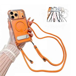 for iPhone 17 Pro Max air 16E 17E 15 14 13 Case with Adjustable Lanyard Strap Invisible Kickstand Compatible with Magnetic Drop&Shockproof Military-Grade Protection Magnetic Phone Case Classic Clear Orange