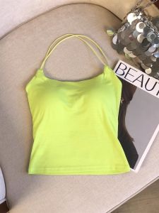 Lemon Yellow Strap Vest Womens Summer Dopaamine Slimming Chest Pad U-neck Halter Top Sweet Style Short Length Solid Color