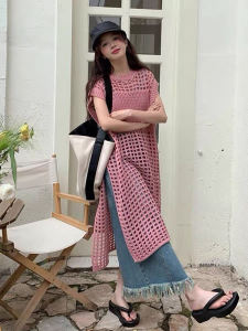 Slimming Open Backless Hollow out Knitted Loose Top round Neck Sleeveless Mid-Length Cover up for Women Commute Style