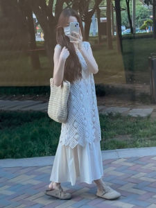 XUECAIQI | Plus Size French Lace and Openwork Vest & Skirt Set