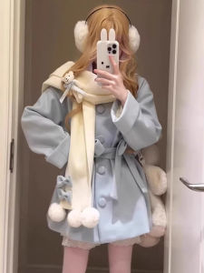 Autumn Winter 2025 New Style Bear Print Scarf Medium Length Woolen Coat Sweet Cute Set Japanese Style Loose Fit Long Sleeve