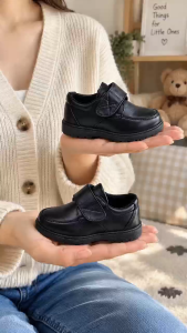 SENMA Black Shoes For Kids Boys Leather Shoes Korean Rubber Shoes Velcro Leather Shoes Size 26 To 37