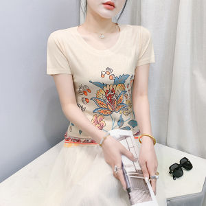 REHIN เสื้อยืดแฟชั่นแขนสั้นรูปแบบที่ไม่ซ้ำกันสำหรับผู้หญิงเข้ารูปพอดี S-3XL