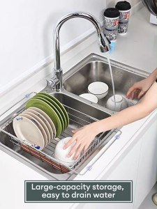 GAA Kitchen Stainless Steel Telescopic Sink Drain Basket Adjustable Dish Drainer Drain Rack for Fruit Vegetables