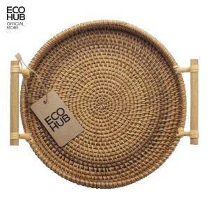 Khay mây tròn ECOHUB có tay cầm đựng đồ ăn tiện dụng decor chụp ảnh kích thước 22-28cm