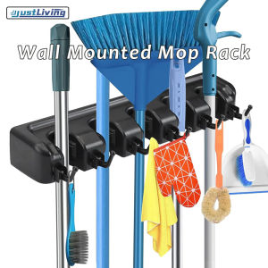 JustLiving Broom Holder Wall Mounted Garden Tool Organizer Home Laundry Room Closet Shed Garage Organization and Storage Utility Rack Hanging Mop and Broom Storage Tool Rack