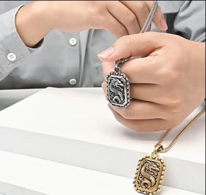 Kemstone Vintage Domineering Mens Dragon Pendant Necklace Stainless Steel Square Pendant Zodiac Sign Dragon Jewelry