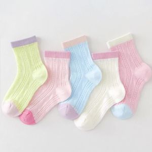 5 Pairs Cute Candy Color Kids Socks Summer Mesh Breathable Cotton Socks For Girls Hollow Out Mid Calf Children Casual Socks