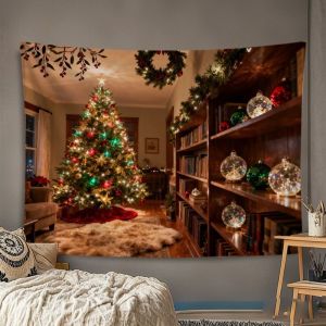 VIKAMA Anime Christmas Living Room Wall Tapestry White Interior Tree Fireplace Stocking Wreath Chandelier Gift Cozy Holiday Home