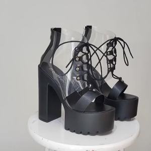 Gdgydh Transparent Lace-Up Heeled Sandals for Women Block Heel Summer Shoes Open Toe Platform Heels Nightclub Shoes Back Zipper