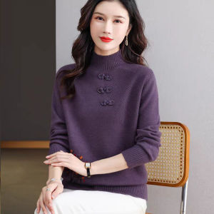 Loose Knitted Woolen Sweater Womens Fashionable High Collar Overhead Autumn Winter Mommy Style Top Long Sleeve Regular Fit