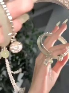 Heabety Thời Trang Đơn Giản Màu Xanh Lá Cây Bangle Tua Đôi Spell Bạc Vòng Đeo Tay Mở Có Thể Điều Chỉnh Vòng Đeo Tay Cho Phụ Nữ Đồ Trang Sức Cổ Điển Quà Tặng