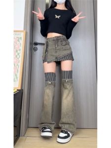 ชุดกระโปรงสั้นลายทางไม่สมมาตรสไตล์เกาหลีไซส์ใหญ่สำหรับผู้หญิง ชุดกระโปรงยีนส์ฤดูร้อน ชุดกระโปรงสองชิ้น กระโปรงสั้นเอวสูง