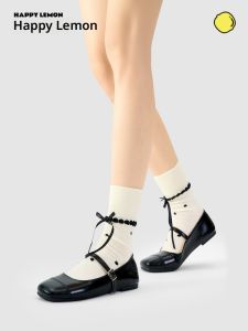 HAPPYLEMON | Miếng đệm gót cao su dày cho nữ mùa hè 2025 Miu Series Cotton Nylon Spandex Sweet Style Mid-Calf Butterfly Knot Socks