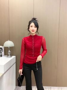 AMMIN 2024 Autumn new mesh sweater long sleeve half high neck nail drill design fashion T-shirt Female Korean style half high neck fashion draw ruffled edge patchwork casual elegant blouse