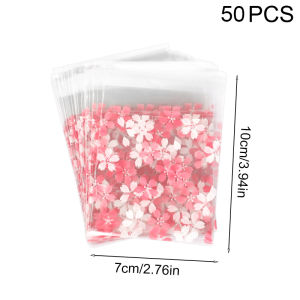 50pcs Transparent Candy Bags Pink Flower Plastic Biscuits Bags Baby Shower Birthday Party Baking Cookies Packaging Wedding Decor