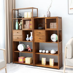 New Chinese Style Office Tea Set Storage Rack Display Cabinet Solid Wood Multi-Purpose Shelf Zen Bookcase Carved Wooden Structure
