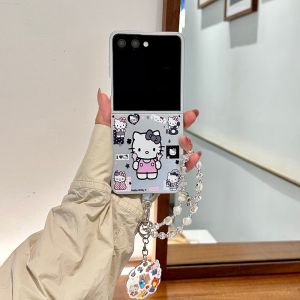 Sanrio | Hello Kitty Sticker Flip Phone Case With Pearl Bead Chain Lanyard Shockproof Hard Cover For Samsung Galaxy Z Flip 3 4 5 6 7 FE 8