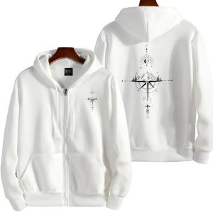 Vintage Compass Print Zip Hoodies for Men High Quality Hooded Long Sleeve Pullover Winter Daily Casual Sports Tops Mens Clothes