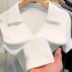 Premium Kaos Knit V-neck Baju Atasan Wanita Kasual Lengan Pendek Polos Rajut Croptop Korean Style