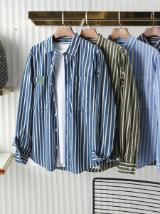 Classic Japanese Style Mens Long Sleeve Striped Loose Cotton Shirt Fashionable Urban Casual Wear All Seasons Button Decor