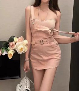 ชุดเดรสเด็กสาวน่ารักสไตล์ฮ่องกง ฤดูร้อน เอวสูง กระโปรงทรงเอ แขนกุด ผ้าเดนิม ชุดเดรสผู้หญิง ชุดเดรสผู้หญิง