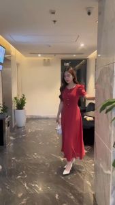 Đầm maxi form dài đính nẹp phối bèo đính nút tay phồng Misa - MS0297