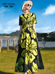 Elegant Yellow Long Dress Womens Fashionable High-End Embroidery Heavy Work Commute Style mid Waist A-Line Skirt Dress