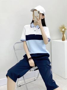 Student School Uniform Suit in Blue Patchwork Lapel Short Sleeve Long Pants Cropped School Pants High School Junior High School Graduation Season Business Attire