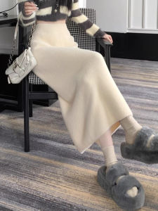 Soft Thickened Knitted Mink Velvet High Waist Elastic Band Slimming Split Mid-Length A-Line Skirt Korean Style Commute Polyester Fiber