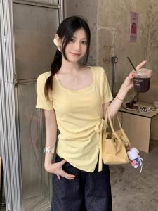 Pure Cotton Sweet Bow Tie Short Sleeve T-Shirt Womens Summer New Design Waist Slimming Top Breathable Comfortable Soft Sweat Absorbent