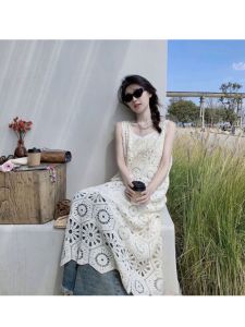Summer 2024 Womens Loose Knitted Lace Hollow out Vest Dress Vintage Style Layering Cotton Sleeveless U-Neck A-Line Midi Dress