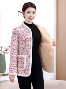Traditional Chinese Style Womens Cotton Jacket Winter Warm Fleece Lined Floral Print Button up Thickened Long Sleeve Coat