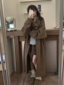 Buwan Studio Thickened Long Knitted Open Cardigan Womens Loose Coat High Collar Street Style Pure Color Winter Outerwear