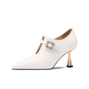 รองเท้าส้นสูงหัวแหลมสไตล์ฝรั่งเศสสำหรับผู้หญิง ฤดูใบไม้ผลิและฤดูใบไม้ร่วง หนังแท้สีขาว รองเท้าส้นเดี่ยวลึก ดีไซน์ใหม่