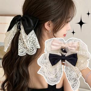 Lace Bow Hair Clip Black Satin Ribbon Hair Barrette French Retro Lace Hair Holder Clip Grab Clip Ponytail Hair Accessories